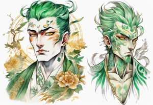 A tall beautiful man with pale green skin and long of green and gold and auburn and silver with amber eyes tattoo idea