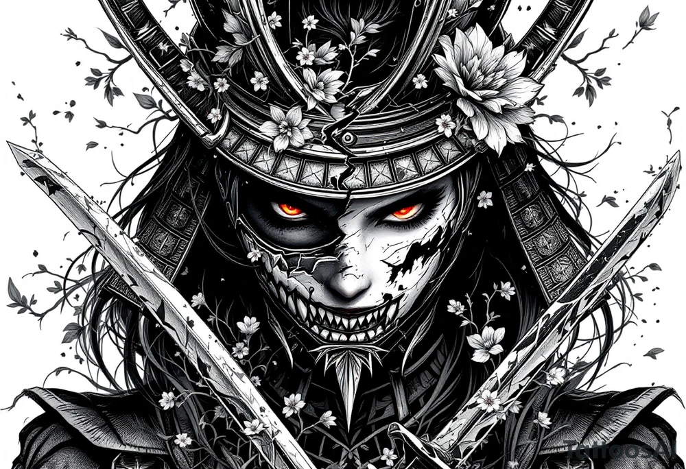 Woman samurai with red eyes wearing an half and broken kitsune mask, holding katanas and Sakura flowers ornement tattoo idea