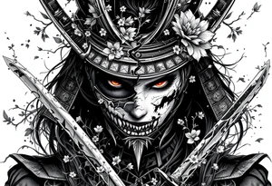 Woman samurai with red eyes wearing an half and broken kitsune mask, holding katanas and Sakura flowers ornement tattoo idea