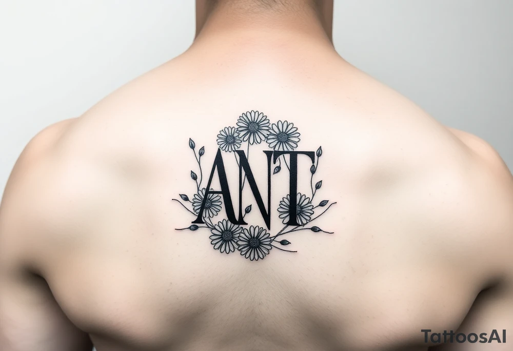 Small Fine line design monogram with overlapping letters A,N,T  with daisies tattoo idea