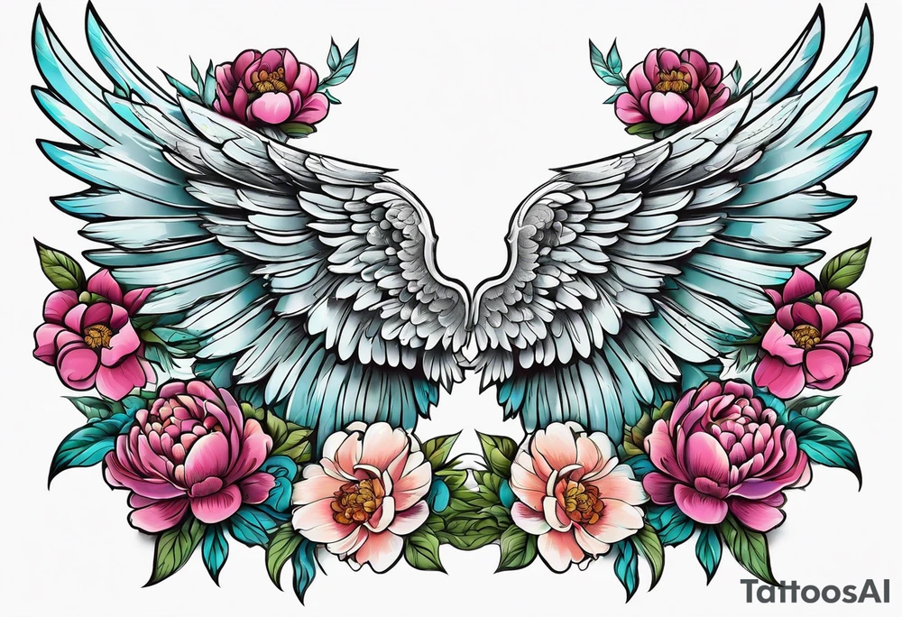 beautiful angel wings with colorful, peonies. beautiful flilligree in the background , full color, traditional old school , white background tattoo idea