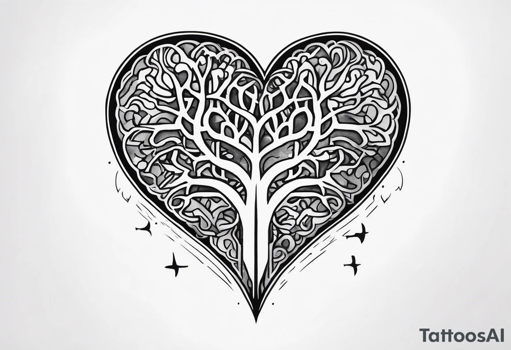 a heart with this inside the heart: brain, plane, family, and roots tattoo idea