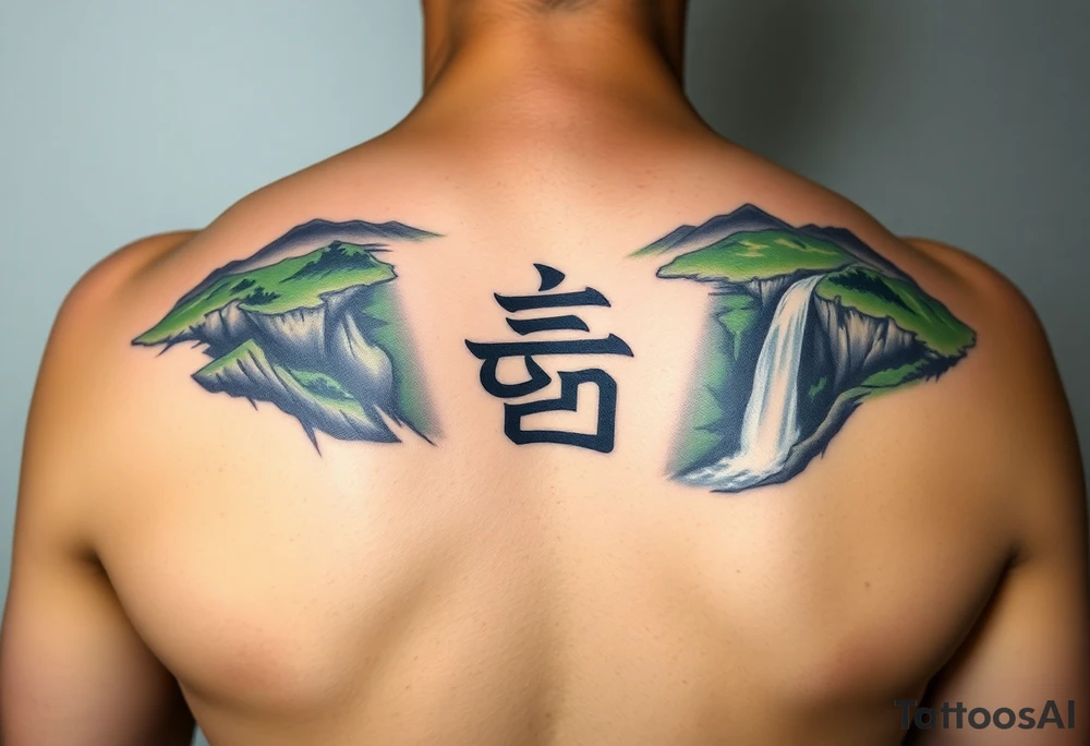 I need to import a photograph as the focal point of the tattoo. The Burmese word သား Inside of a photo the subject of the photo.  The photo surrounded by a colorful green mountainside with a waterfall tattoo idea