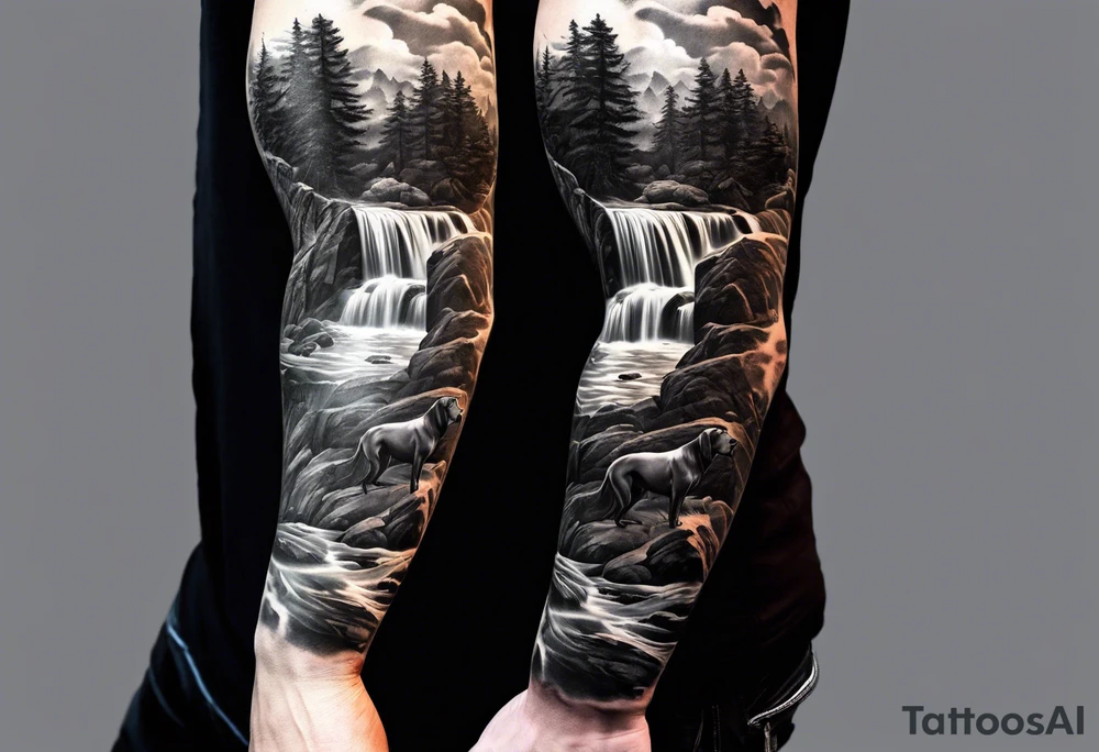 Full arm sleeve. Great Danes together exploring waterfall tattoo idea