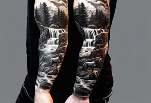 Full arm sleeve. Great Danes together exploring waterfall tattoo idea