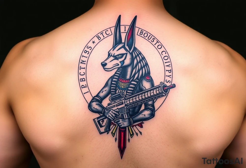 "Anubis in a ufo, holding a tommy gun. His jackal head is half-cyborg (exposed circuits). Hieroglyph background spells 'BTC TO THE MOON'.  

Style: Art Deco meets cyber-Egyptian. Black/red/gold ink. Forearm sleeve." tattoo idea