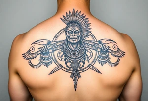 Purepecha warrior surrounded by purepecha symbols tattoo idea
