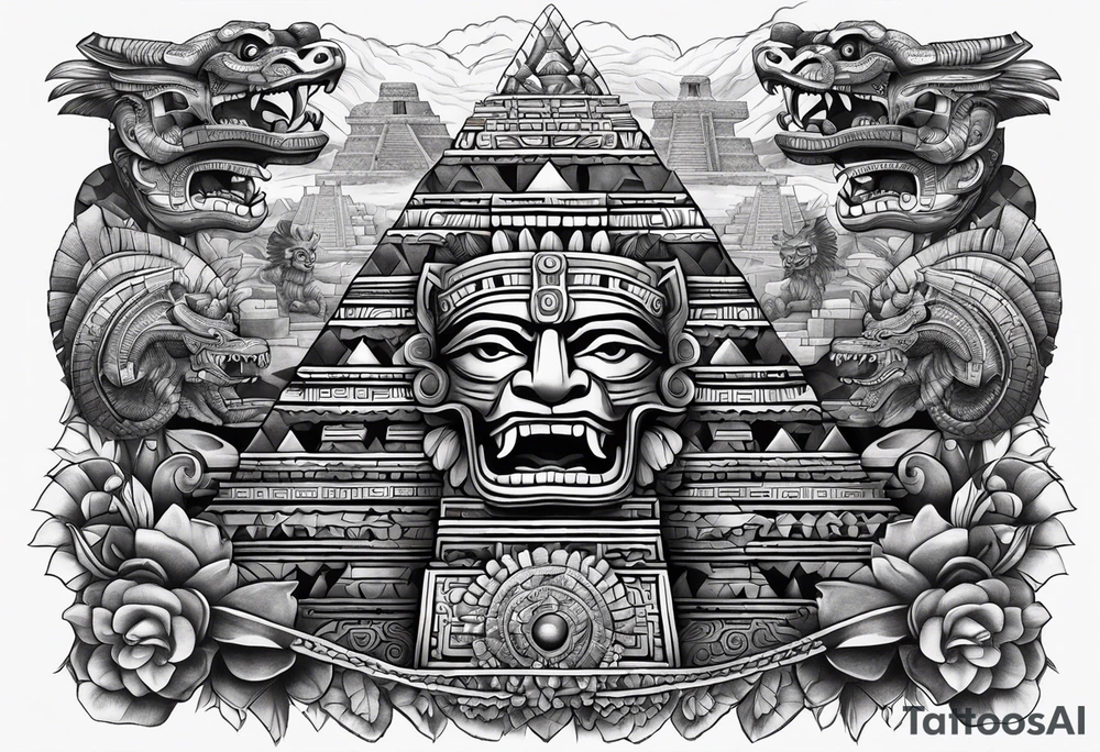 Aztec feathered serpent and pyramids sleeve incorporate factual items found in Teotihuacan tattoo idea