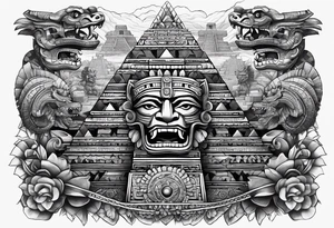 Aztec feathered serpent and pyramids sleeve incorporate factual items found in Teotihuacan tattoo idea