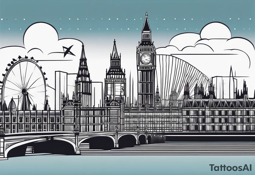 A minimalistic, abstract design capturing the architectural essence and vibe of London. Key elements of London’s skyline and structure are hinted at with clean lines, and subtle detailing includes personal touches, like a nod to Feid’s signature look (hat, glasses, mustache), integrated discreetly to honor a memorable concert experience. tattoo idea