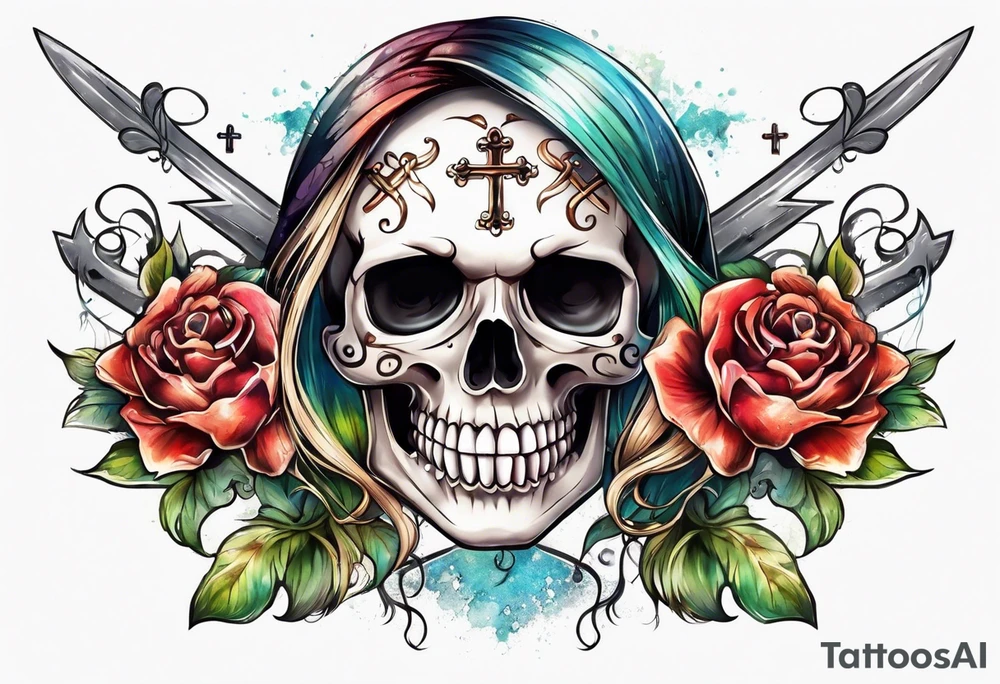 feminine skull and cross bones with blonde pigtails tattoo idea