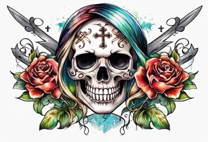feminine skull and cross bones with blonde pigtails tattoo idea