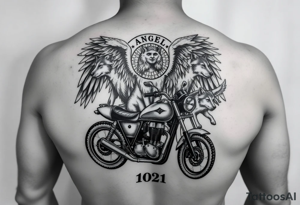 the year 1958 - 2021 with a motorcycle on it with guardian angel wolves tattoo idea