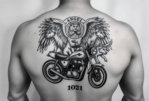 the year 1958 - 2021 with a motorcycle on it with guardian angel wolves tattoo idea