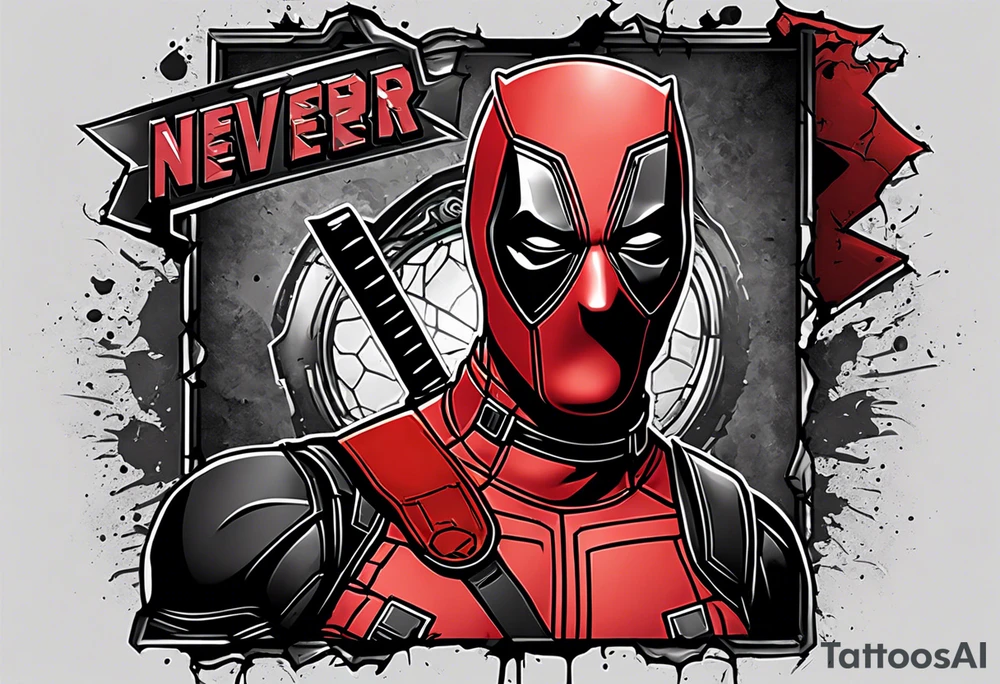 Banner with Text: A worn, dark banner wraps around Deadpool with the phrase "NEVER DEAD" in bold, cracked letters that give a strong and aggressive impression. The banner has small torn details, as if it’s been through rough conditions, with shading that adds depths. tattoo idea