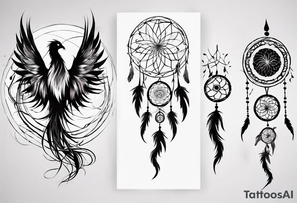 Vertical Phoenix in circles with abstract dream catcher tail tattoo idea Vertical Phoenix in circles with abstract dream catcher tail tattoo idea
