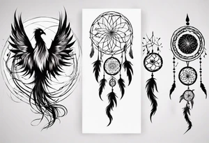 Vertical Phoenix in circles with abstract dream catcher tail tattoo idea