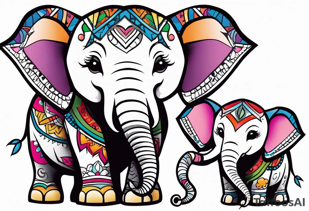 Mama tribal elephant facing forward. 2 girl baby elephants with bows sitting down and 1 baby boy elephant with bow tie sitting down tattoo idea