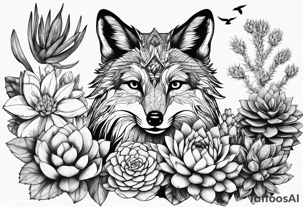 Succulents and cacti around a fox and crow tattoo idea