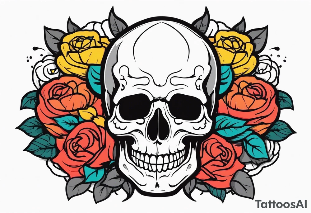 Gray skull smiling on bed of colorful roses tattoo idea