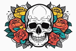 Gray skull smiling on bed of colorful roses tattoo idea