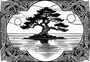 Pine tree and reflecting juniper tree on the oposite sides.  roots of both trees are entangeled in celtic trinity sign tattoo idea