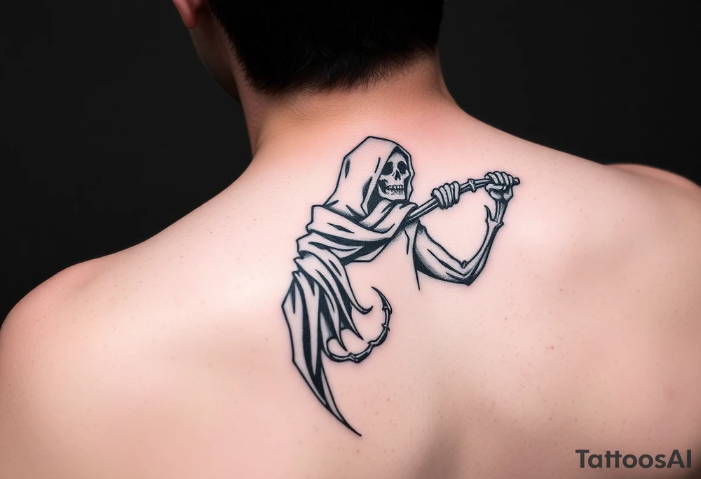 Simple grim reaper looking back holding his hand out to hold tattoo idea