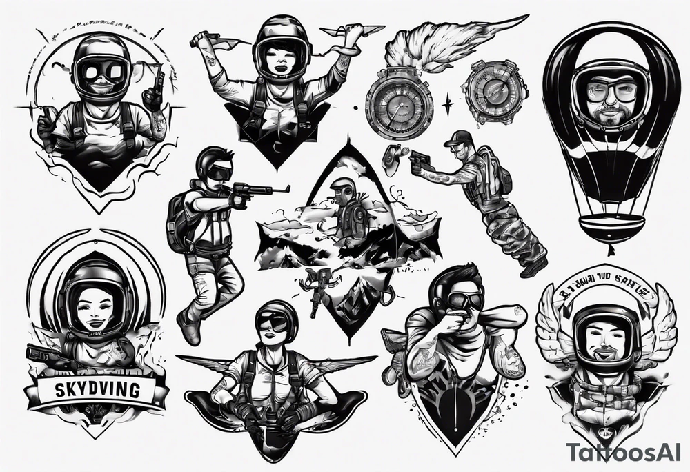 skydiving, shooting guns, compass, adventure tattoo idea