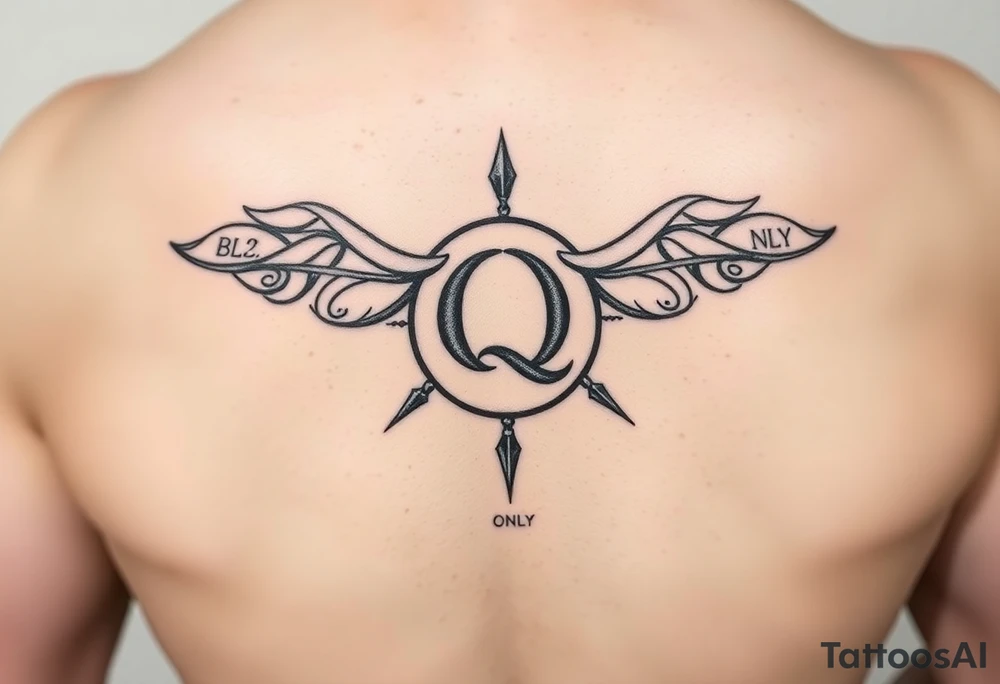 A womb tattoo with a Q in the center, with three points around the outside. The first reading, "BLACK". The second reading, "BABY". The third reading, "ONLY". tattoo idea