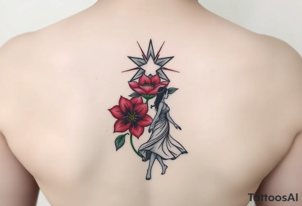 A highly artistic tattoo design with a central focus on a radiant star, symbolizing guidance and empowerment. Below the star, a deep crimson arghaman flower (scarlet flower) blooms gracefully, representing beauty and resilience. To the side, a free-spirited woman walks barefoot, embodying feminine strength and absolute freedom. The composition should evoke a sense of empowerment and liberation, with flowing lines and a dreamy, poetic atmosphere. The style should be artistic rather than hyper-realistic, with fine details, elegant line work, and a slightly abstract touch. The overall aesthetic should feel timeless, expressive, and deeply meaningful, capturing the essence of feminine power and freedom.
Make it small, black and white, the objects are tied together tattoo idea