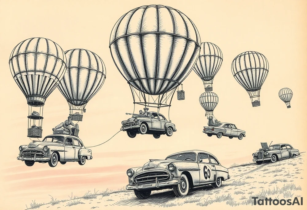 in a very steam punk vibe i want you to make a picture of a bunch of old beat up cars with people lounging in them and garbage and junk all up in and on them, tied to hot air balloons floating in the sky right about dusk and they are as far as the eye can see i want the cars to be floating as if they were the basket to the hot air balloons tattoo idea