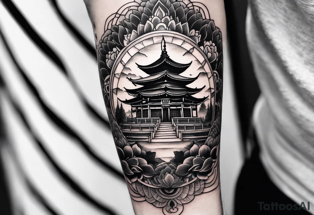 The back of a forearm including a world map, a Buddhist temple and a mandala tattoo idea