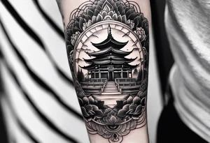 The back of a forearm including a world map, a Buddhist temple and a mandala tattoo idea