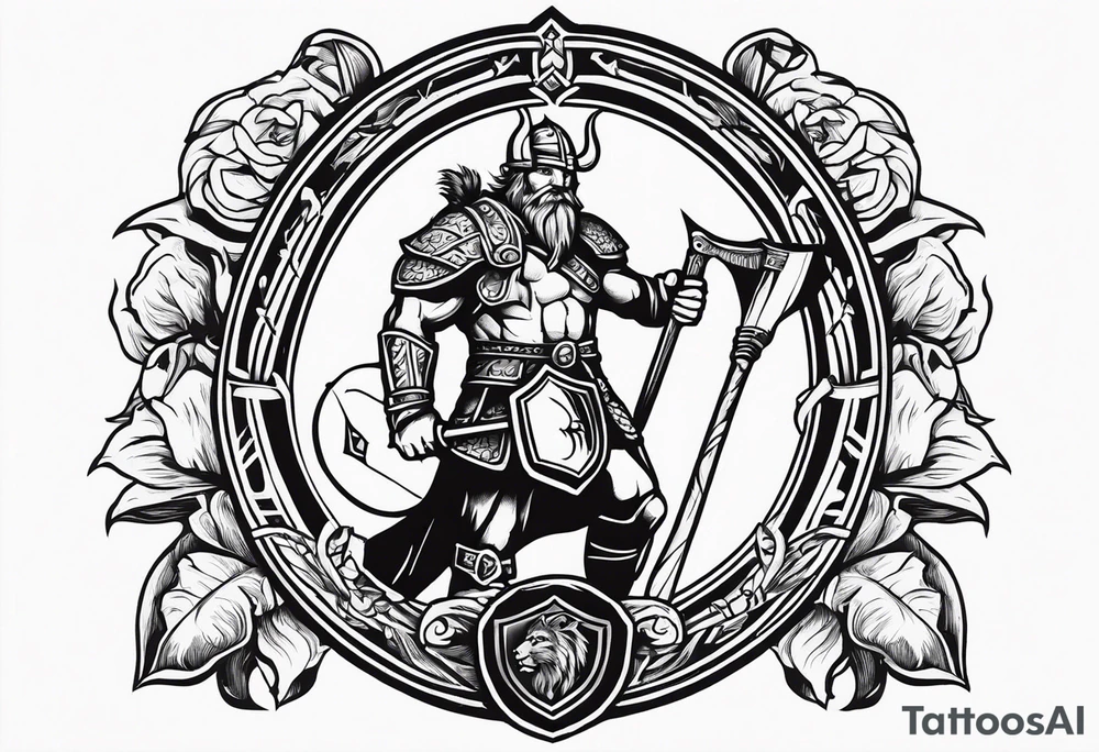 Create sleeve Tattoo of  a viking warrior with a shield and axe and on the shield have a old lion from a coat of arms tattoo idea