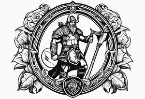 Create sleeve Tattoo of  a viking warrior with a shield and axe and on the shield have a old lion from a coat of arms tattoo idea