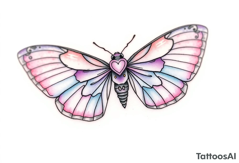 A delicate moth with intricately patterned wings, adorned with soft pastel hues of lavender, pale pink, and light blue. The wings are outlined in fine black ink to accentuate the details, with small golden accents at the tips of the wings, symbolizing enlightenment and transformation. In the center of the moth’s body, a small heart-shaped symbol is subtly integrated, representing love. tattoo idea