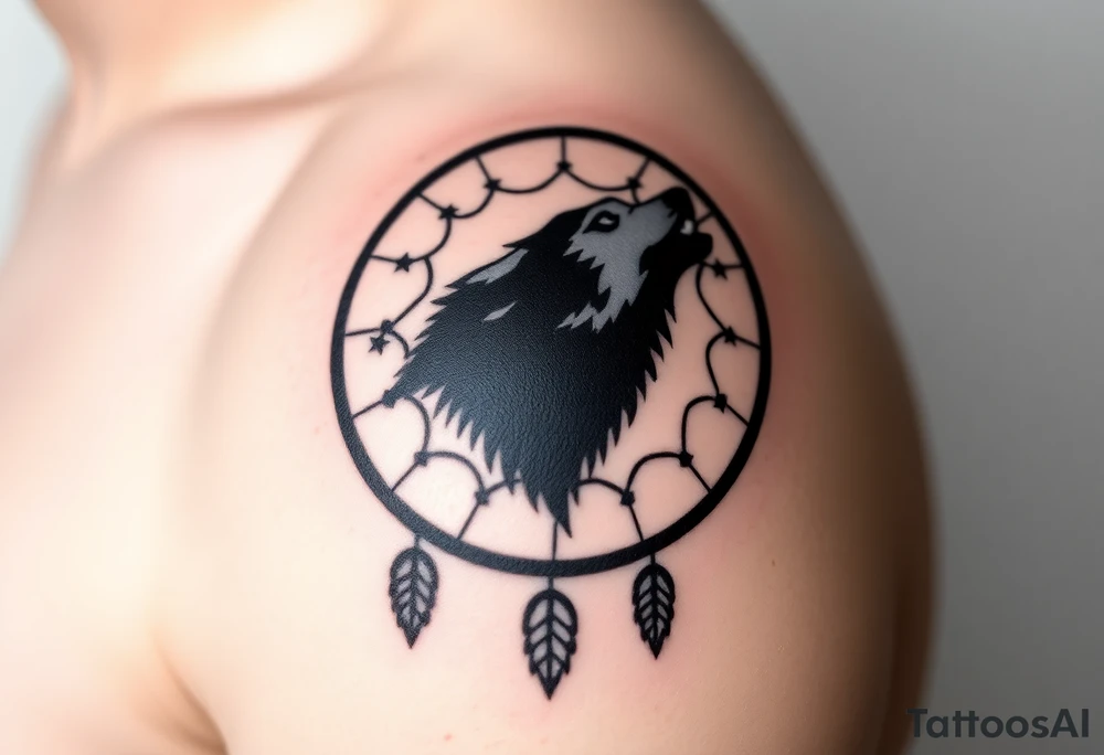 A wolf’s silhouette within a dreamcatcher, with stars scattered across the background. The wolf is shaded in black and gray. tattoo idea