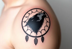 A wolf’s silhouette within a dreamcatcher, with stars scattered across the background. The wolf is shaded in black and gray. tattoo idea