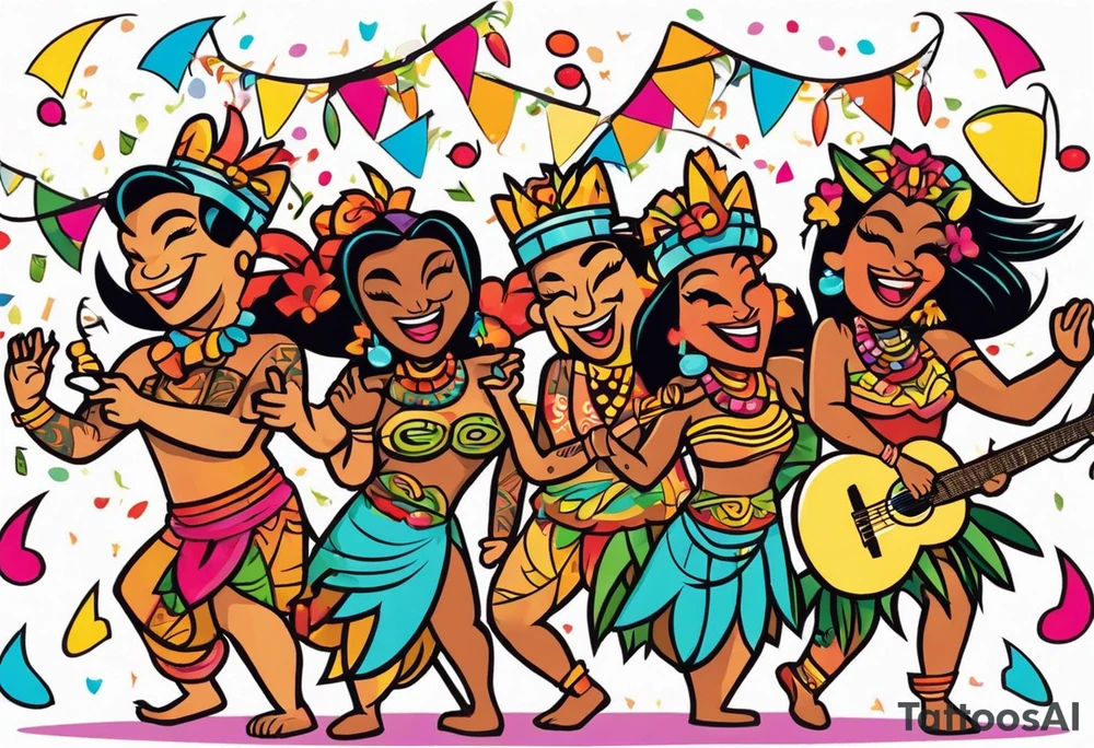 tiki party with dancing tiki guys and sexy tiki girls with music notes and confetti tattoo idea