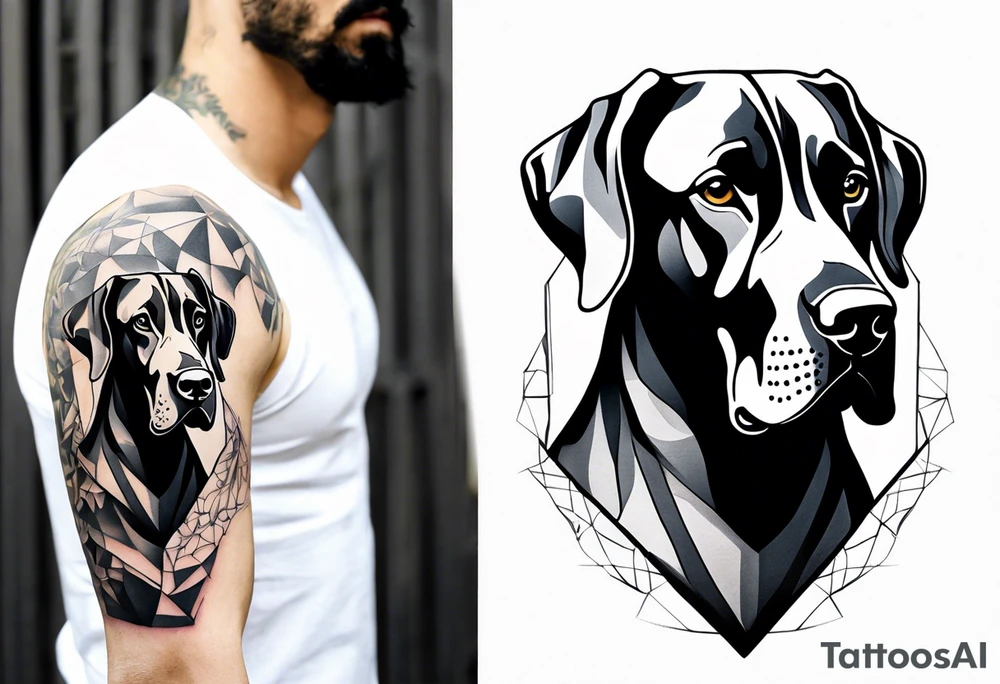 Arm sleeve for man- with floppy ear Great Dane standing fiercely chest up with full work tattoo idea