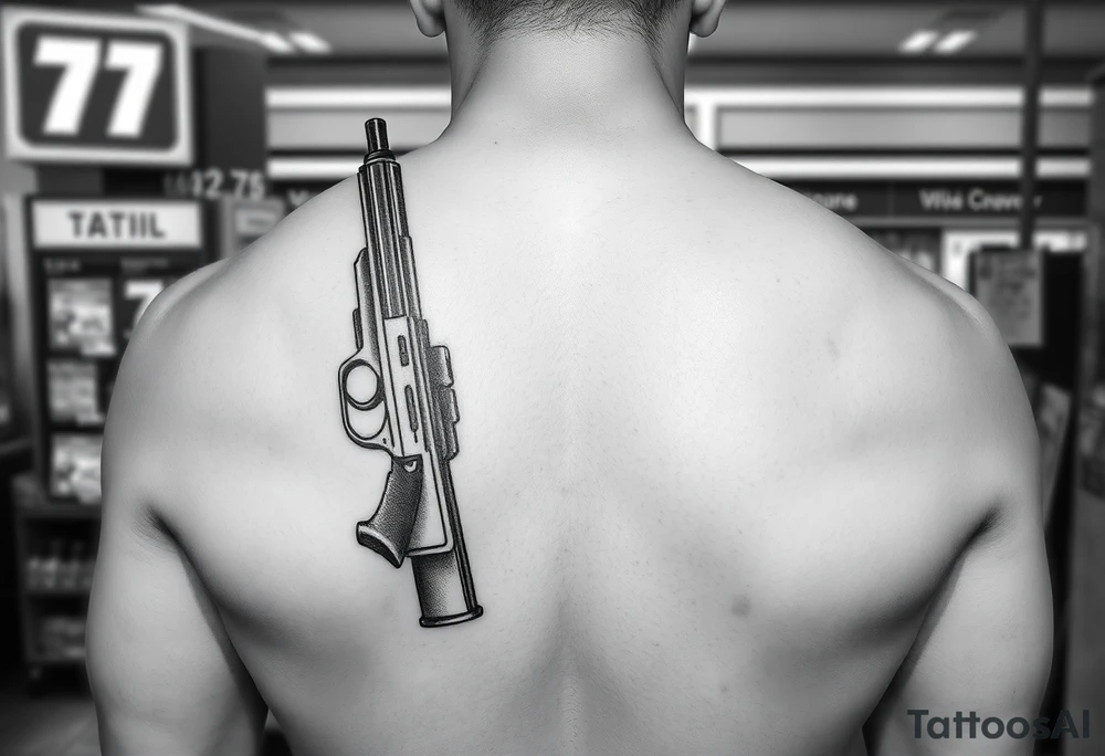 Someone standing in from of 7/11 with a gun and a wad of cash in the other hand tattoo idea
