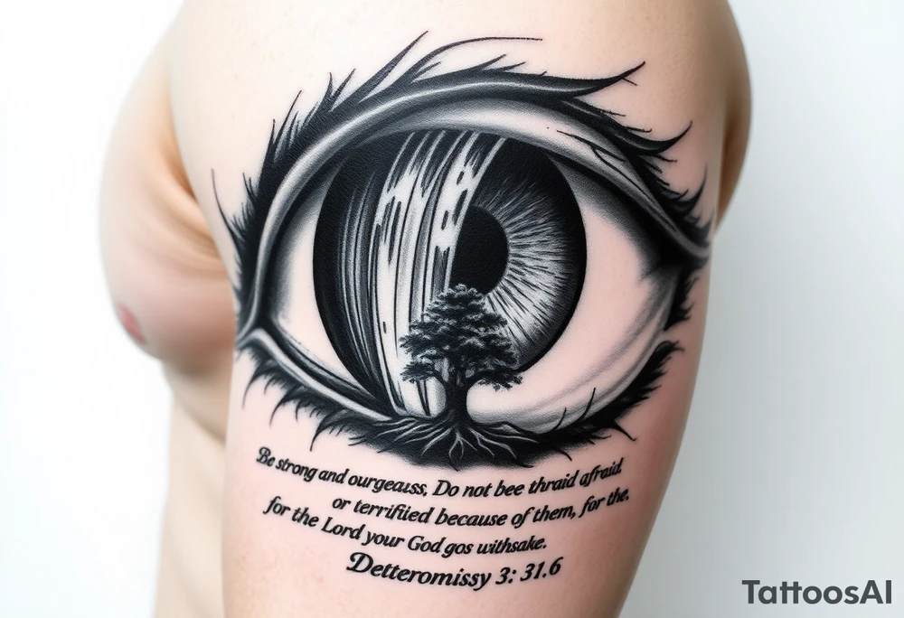 Realistic Eyeball with waterfall flowing out of it and under have a tree and under that have the verse Be strong and courageous. Do not be afraid or terrified
because of them, for the Lord your God goes with you; he will never leave you nor forsake you." Deuteronomy 31:6 tattoo idea