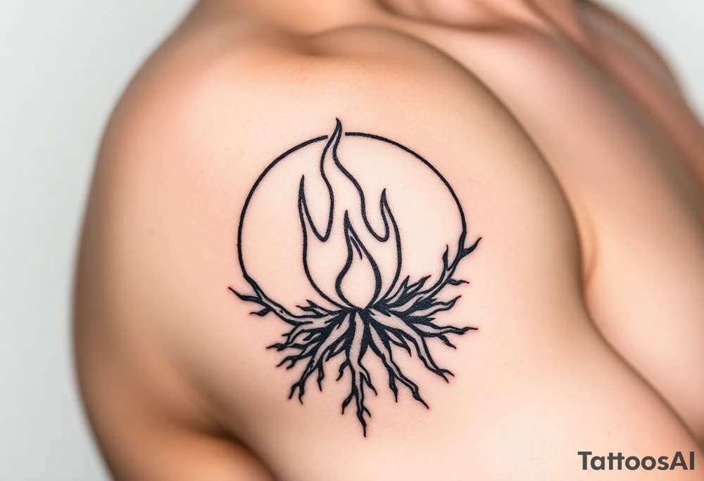 a round flame imprisoned in a roots circle tattoo idea
