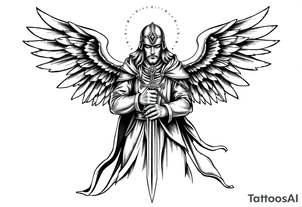 Holy Archangel, Biblical, Christianity, Hebrew, Guards of Christianity, Holding a sword, has six wings, wearing helmet, halo, seraphim, seek justice, walk only with God tattoo idea