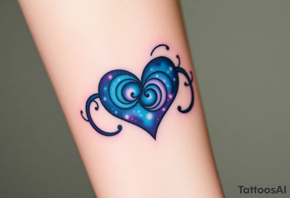 Full infinity symbol with a heart made of swirling galaxy patterns, featuring deep blues, purples, and subtle stardust tattoo idea
