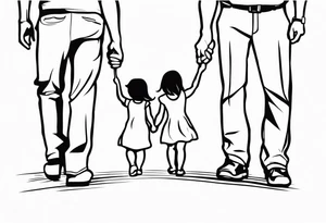 Three  Little girls and  dad and holding hands tattoo idea