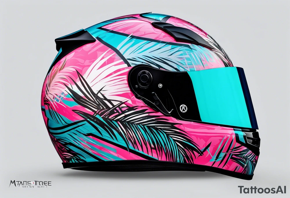 Formula 1 helment with the Miami name a palm tree and light blue black and pink colors 3/4 view tattoo idea