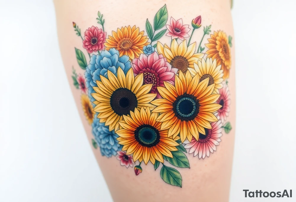 Bouquet of sunflowers, water Lillies, dahlias, marigolds, carnations, hydrangeas, daisys, and chrysanthemums tattoo idea
