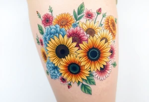 Bouquet of sunflowers, water Lillies, dahlias, marigolds, carnations, hydrangeas, daisys, and chrysanthemums tattoo idea