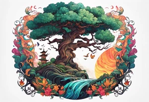 The deity Pan is surrounded by a asymmetric tree, which represents a portal to another world tattoo idea